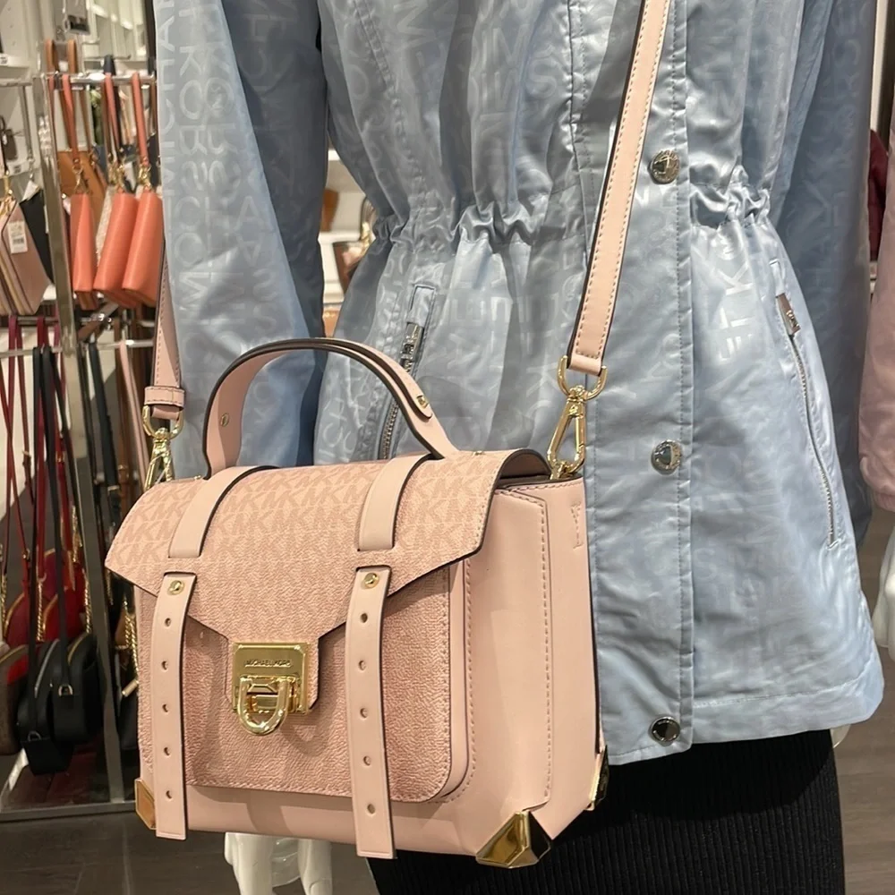 Michael Kors MK print Manhattan satchel crossbody Powder blush